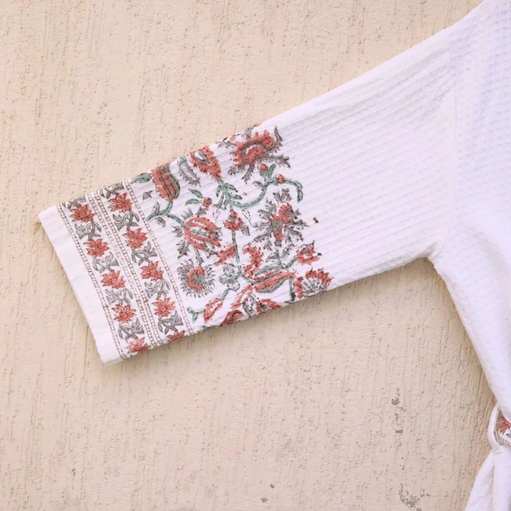Red Grey Florals Hand Block Printed Cotton Waffle Bathrobe