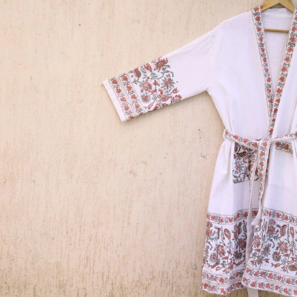 Red Grey Florals Hand Block Printed Cotton Waffle Bathrobe