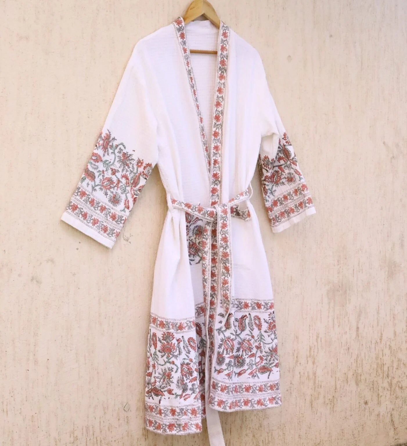 Red Grey Florals Hand Block Printed Cotton Waffle Bathrobe