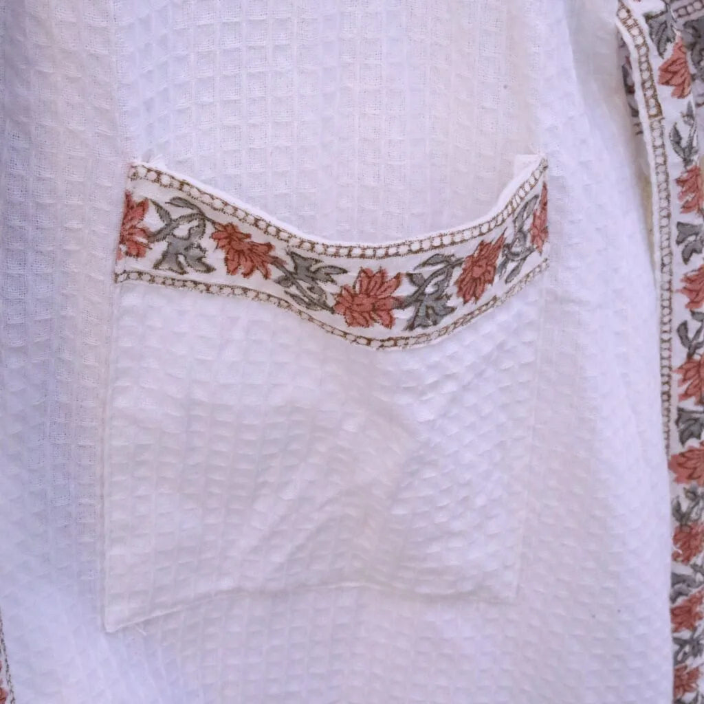 Red Grey Florals Hand Block Printed Cotton Waffle Bathrobe