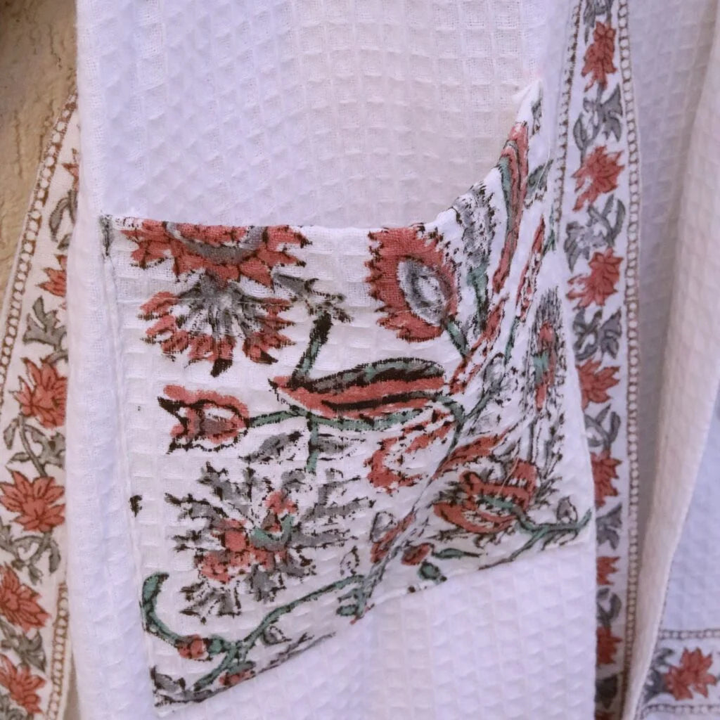 Red Grey Florals Hand Block Printed Cotton Waffle Bathrobe
