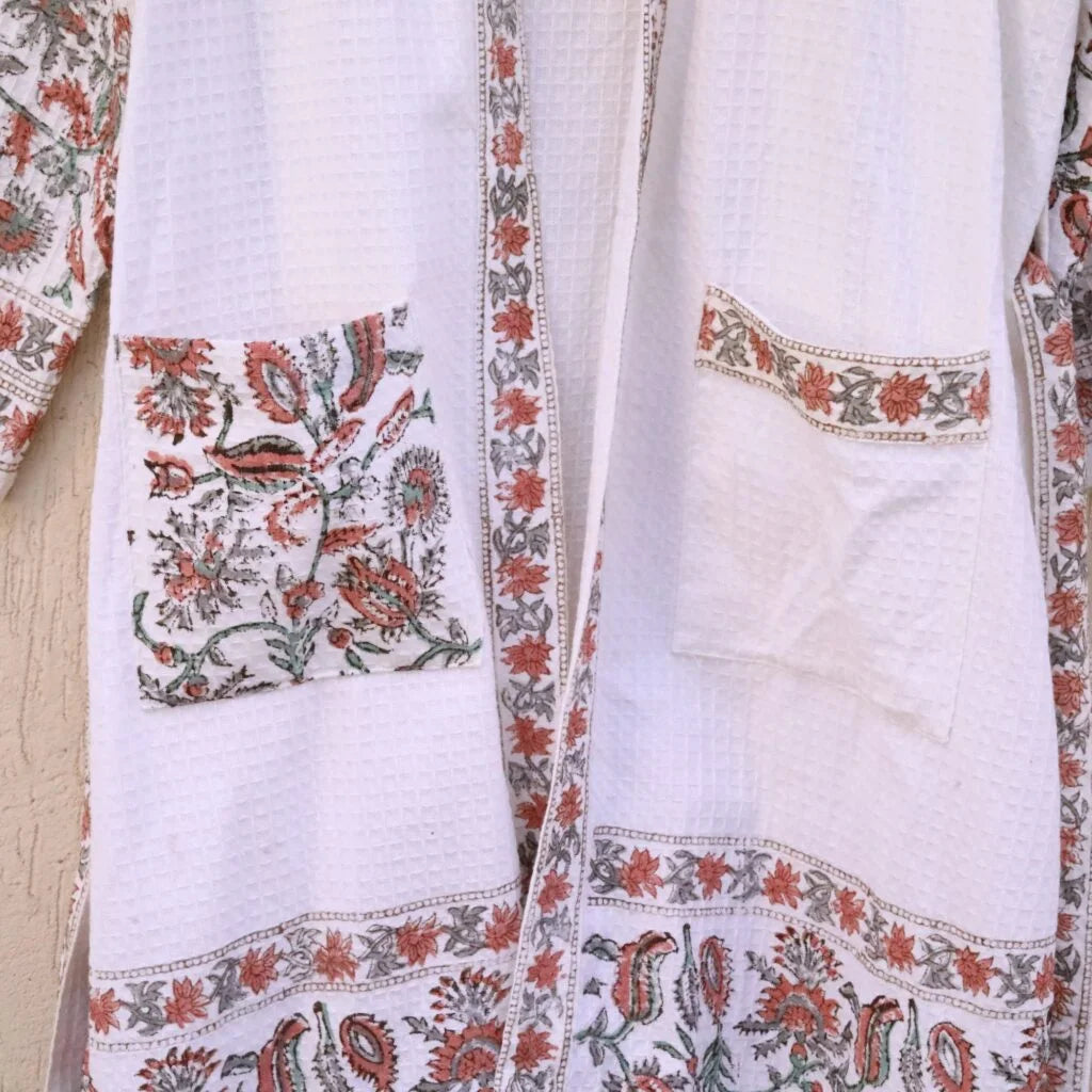 Red Grey Florals Hand Block Printed Cotton Waffle Bathrobe