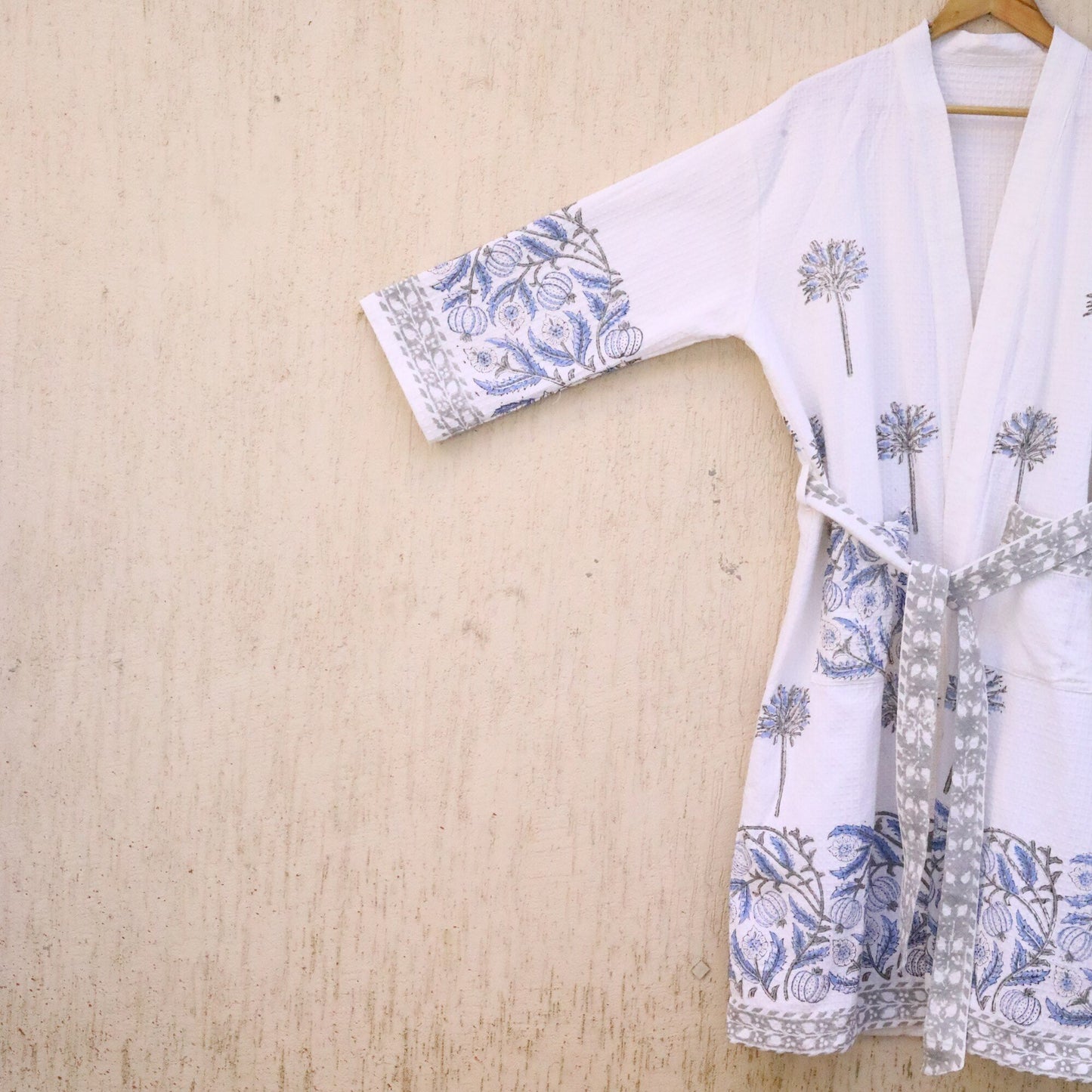 Blue Floral Hand Block Printed Cotton Waffle Bathrobe, detail of hand block print pattern