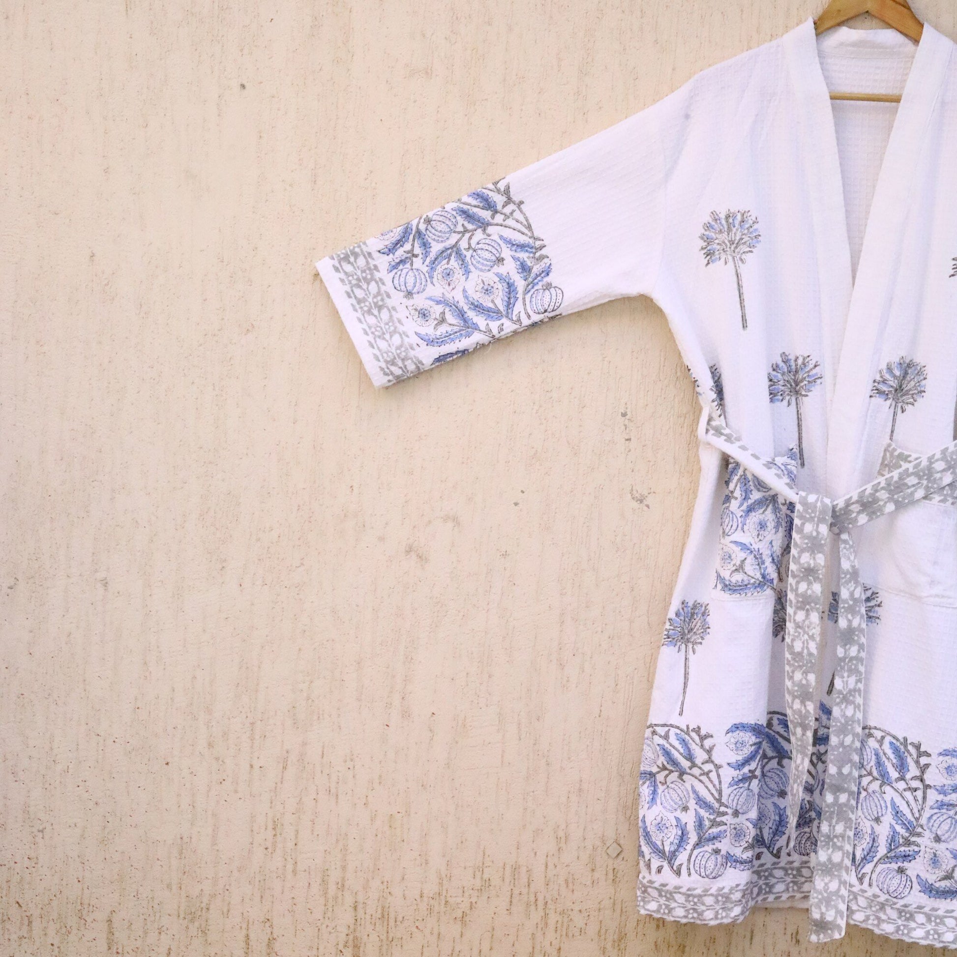 Blue Floral Hand Block Printed Cotton Waffle Bathrobe, detail of hand block print pattern