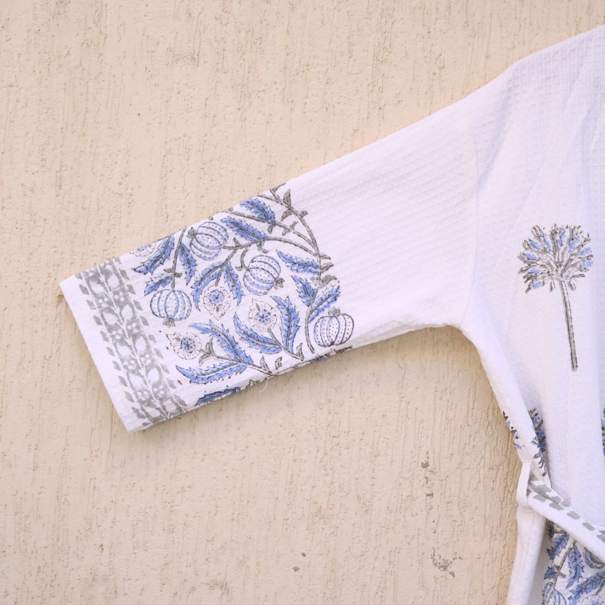 Blue Floral Hand Block Printed Cotton Waffle Bathrobe, lifestyle photo