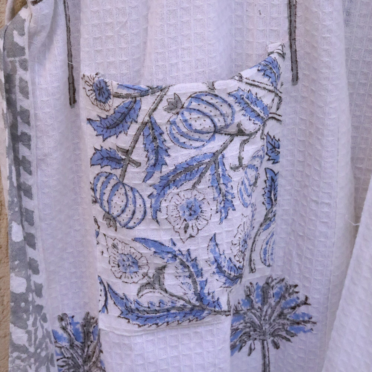 Blue Floral Hand Block Printed Cotton Waffle Bathrobe, close-up of fabric texture