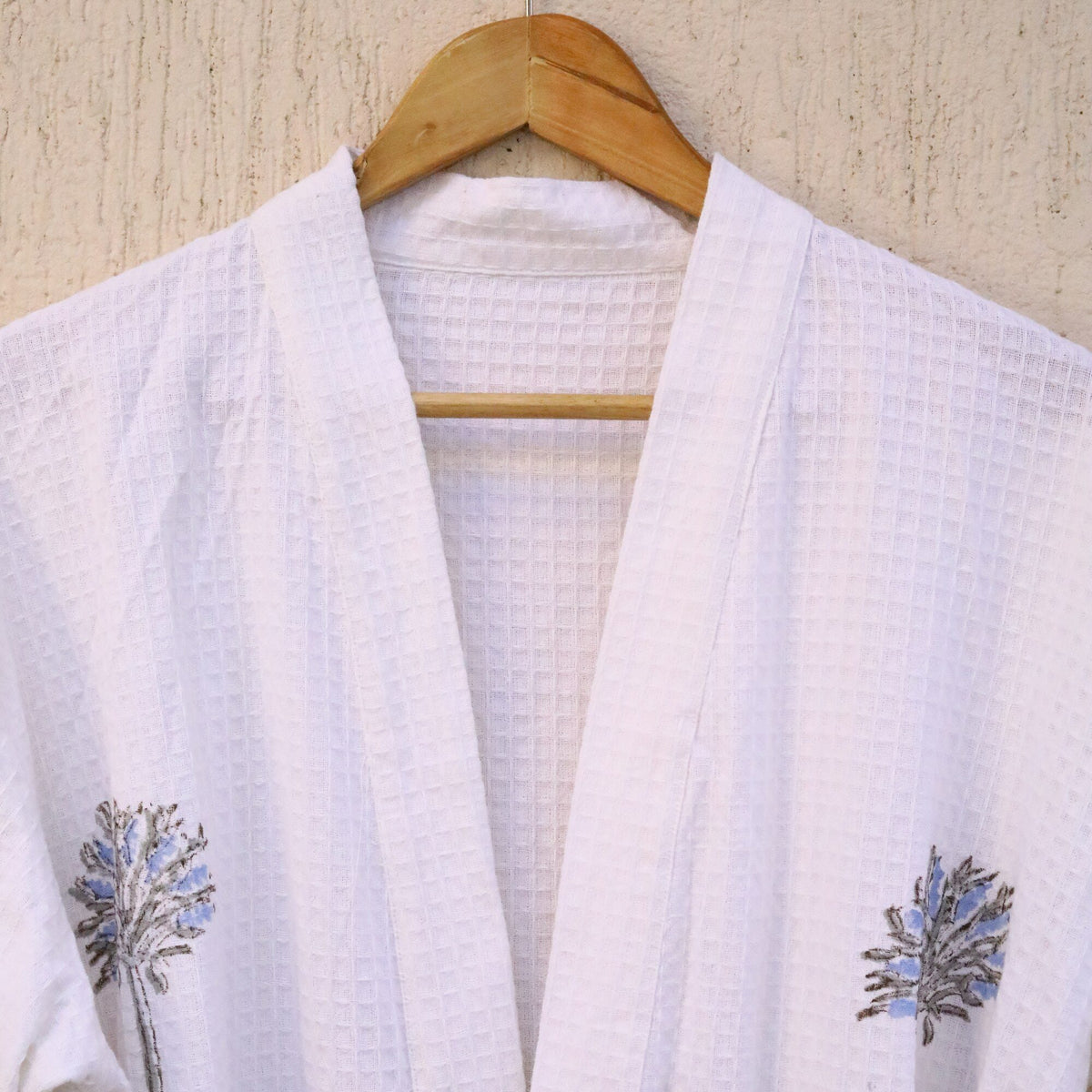 Blue Floral Hand Block Printed Cotton Waffle Bathrobe, worn/styled view