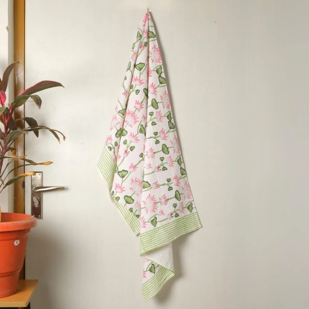 Lotus Block Printed Cotton Waffle Towel