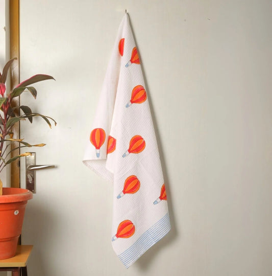 Hot Air Balloon Block Print Cotton Waffle Bath Towel