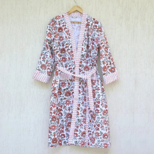 Floral Jaal White & Rust Cotton Waffle Bathrobe