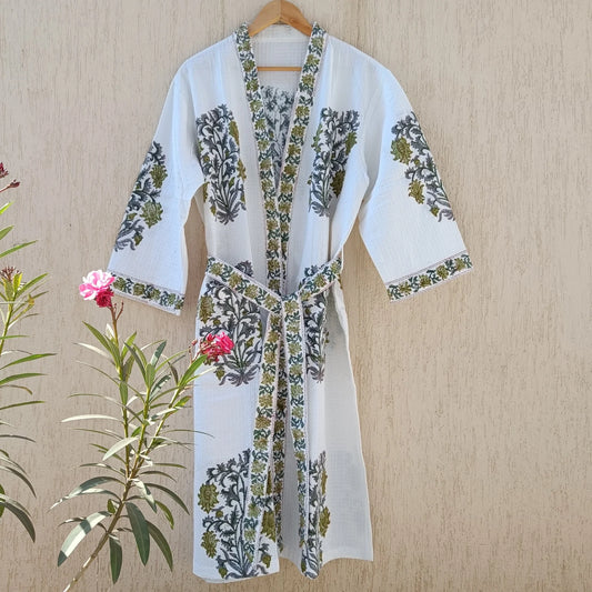 Luxury Hand Block Printed Cotton Waffle Bathrobe