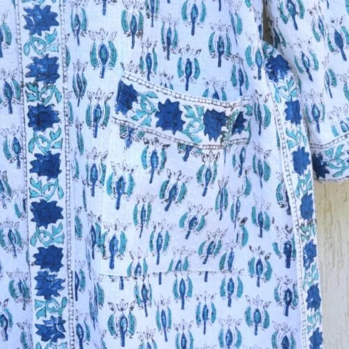 Floral White & Blue Buti Cotton Waffle Bathrobe