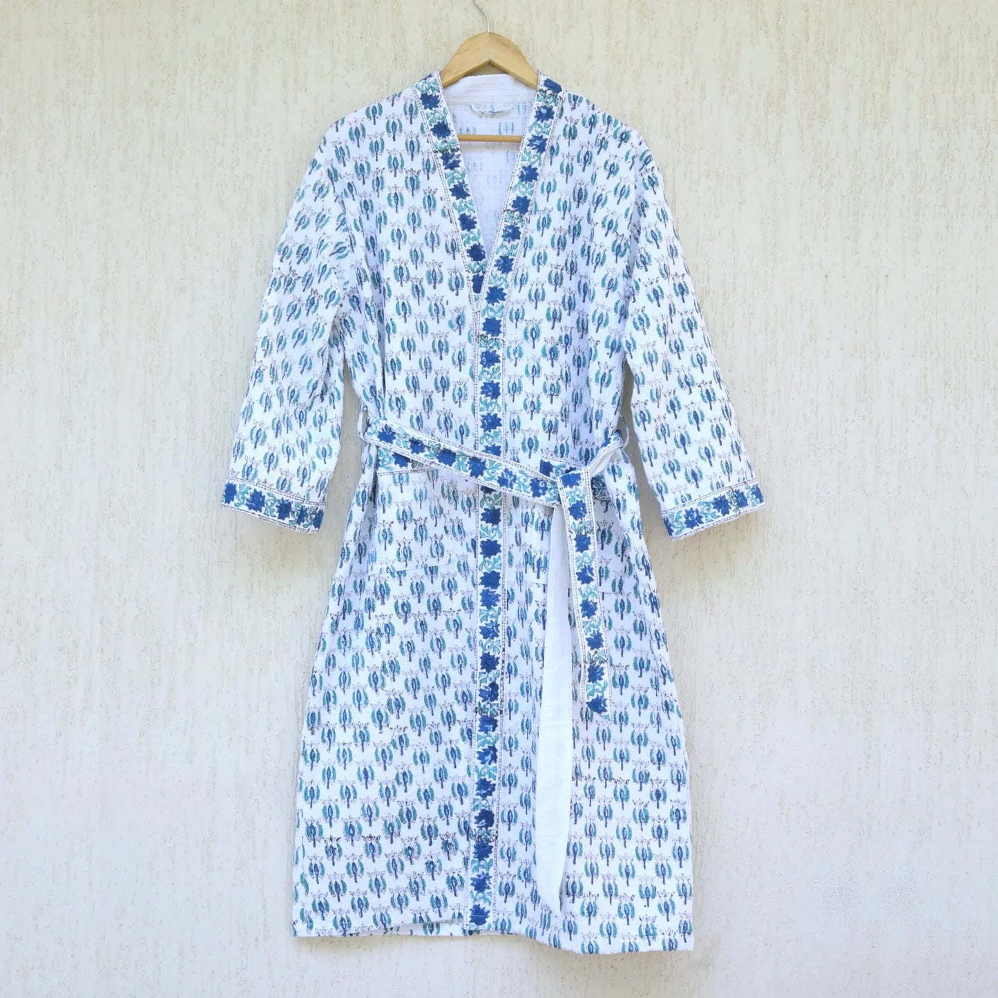 Floral White & Blue Buti Cotton Waffle Bathrobe