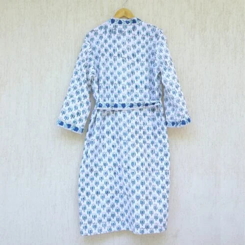 Floral White & Blue Buti Cotton Waffle Bathrobe