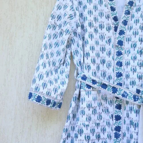 Floral White & Blue Buti Cotton Waffle Bathrobe