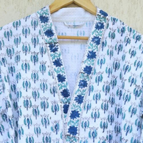 Floral White & Blue Buti Cotton Waffle Bathrobe