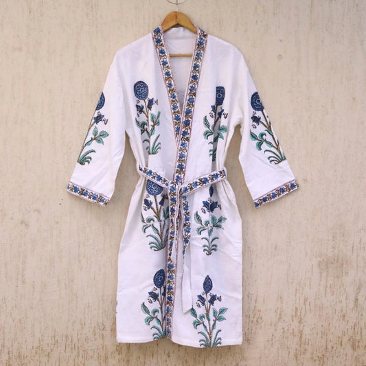 Ivory-Blue Floral Buta Cotton Waffle Bathrobe