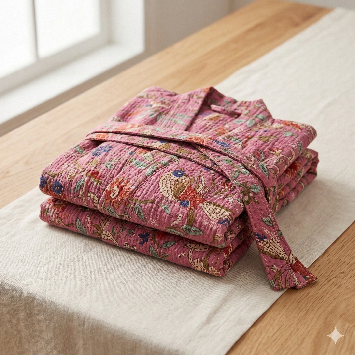 Peacock & Garden Hand Block Printed Cotton Waffle Bathrobe, lifestyle photo