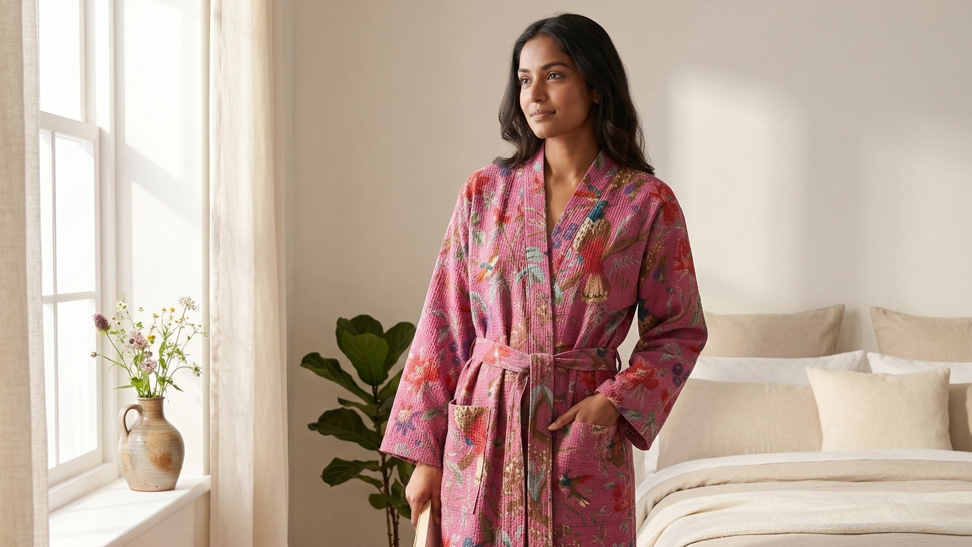 Peacock & Garden Hand Block Printed Cotton Waffle Bathrobe, detail of hand block print pattern