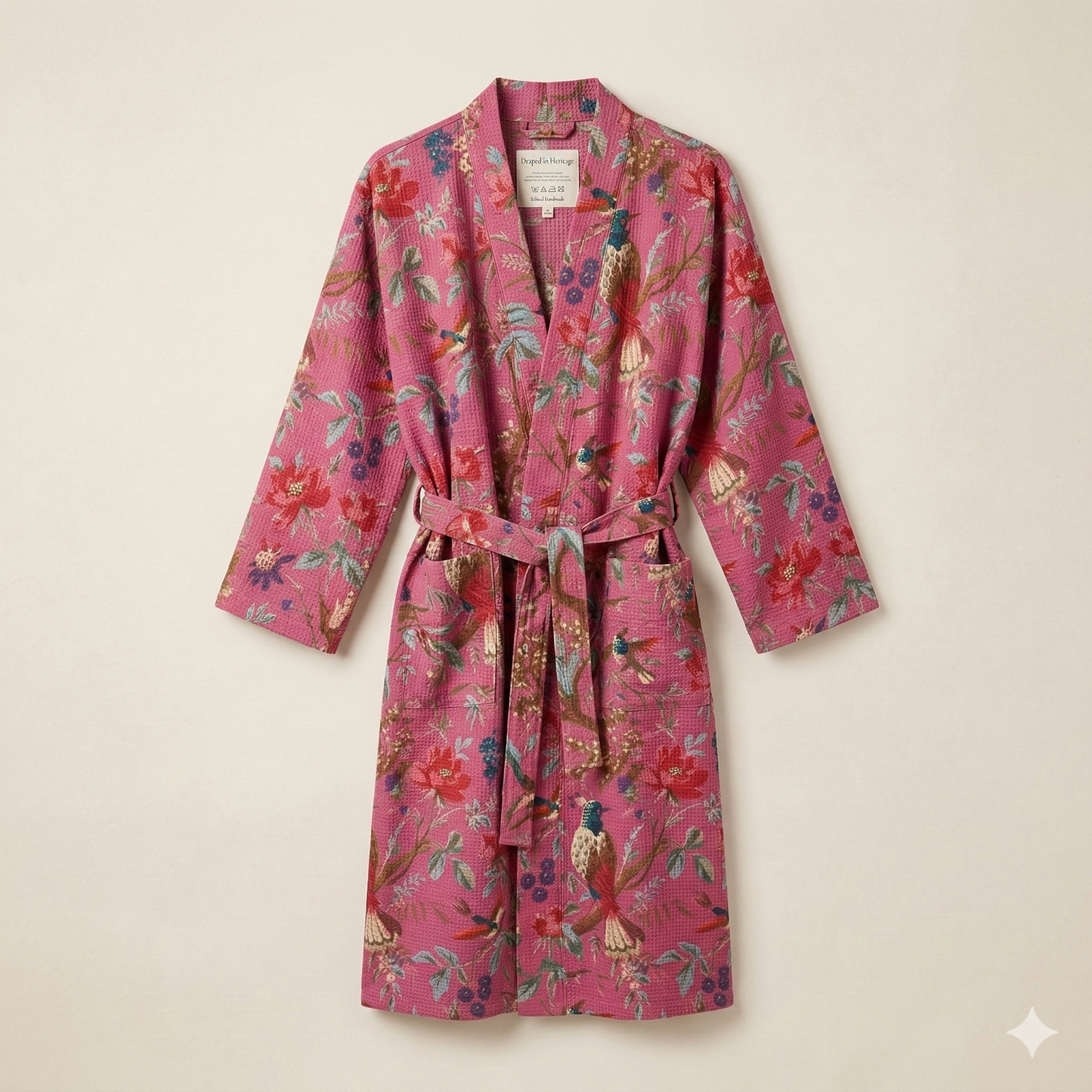 Peacock & Garden Hand Block Printed Cotton Waffle Bathrobe, front view