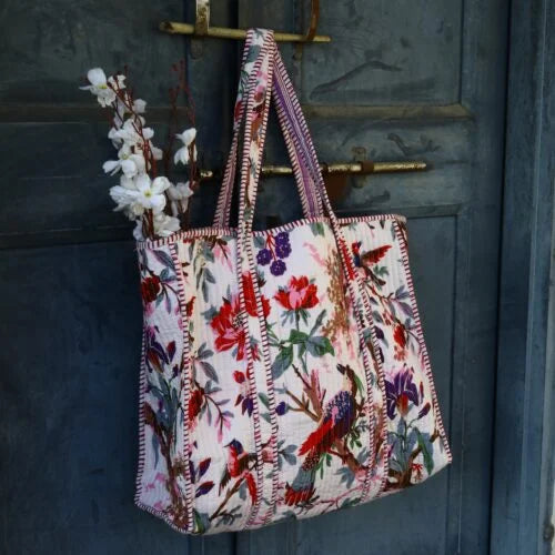 White Bird Cotton Velvet Tote Bag