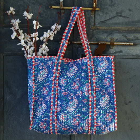 Blue Flower Jaal Cotton Block Printed Quilted Tote Bag