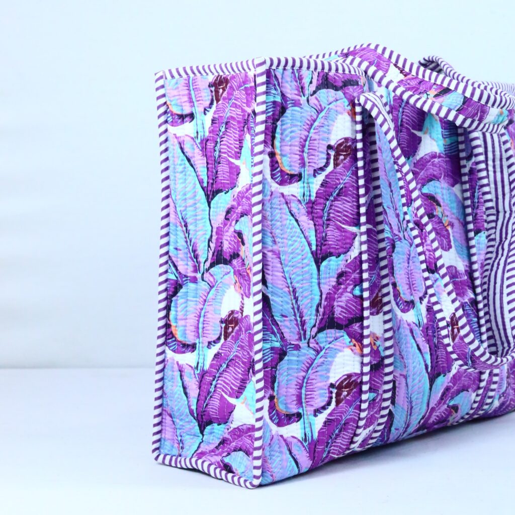 Purple Cotton Tote Bag, detail of hand block print pattern