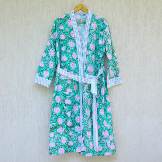 Anaar Jaal Hand Block Printed Cotton Waffle Bathrobe